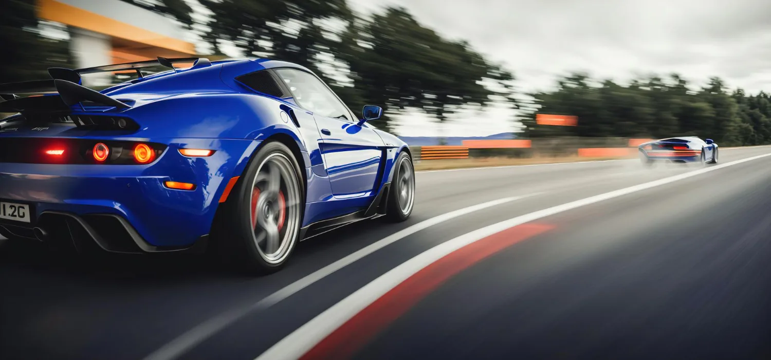 A blue sports car driving around a bend on a race circuit