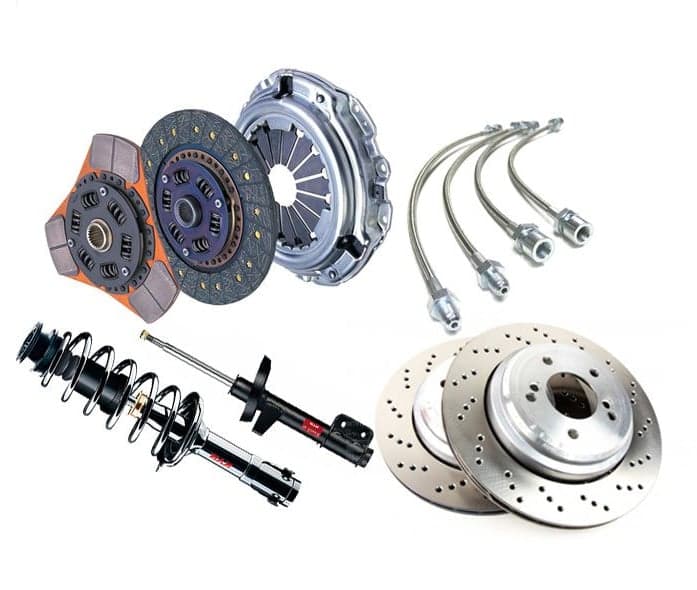 A range of brake parts including discs, hoses and clutch components